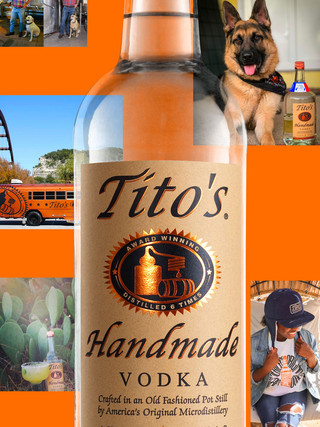 A collage that shows a bottle go Tito’s Vodka in front of an orange background. On the background sits 5 photos showing dogs, a Tito’s bus, a margarita, and a person wearing a Tito’s hat and shirt.