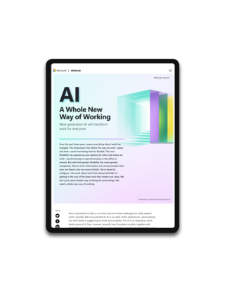 iPad with Microsoft Worklab website and headline, “AI: A Whole New Way of Working. Next-generation AI will transform work for everyone.”