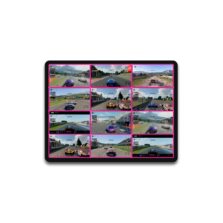iPad showing grid of screenshots from car racing video game